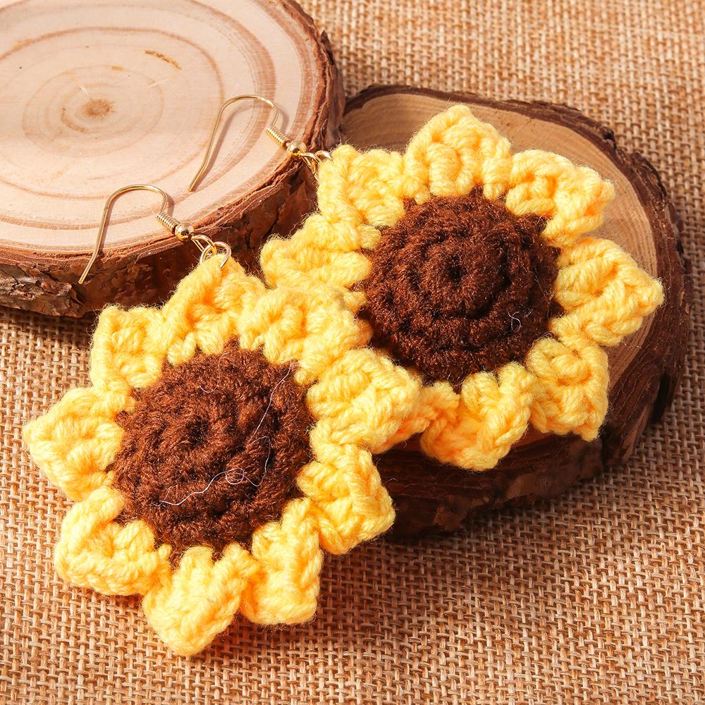 Fashion Handmade Knitted Sunflower Earrings for Women Girls Flower Dangle Drop Earrings Party Holiday Jewelry Gifts