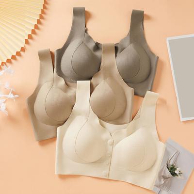 Women Bra Elastic Shoulder Strap Pure Color Wireless Button Closure Good Breathability High Elasticity Push-up Sport