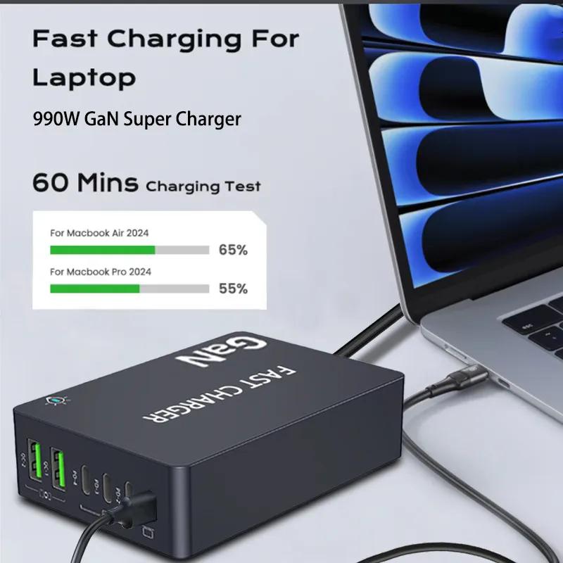 220W GaN Desktop Charger 6-Ports PD 100W USB Type C QC 3.0 Fast Charging Station for IPhone 16 Pro Tablet Macbook Samsung Laptop