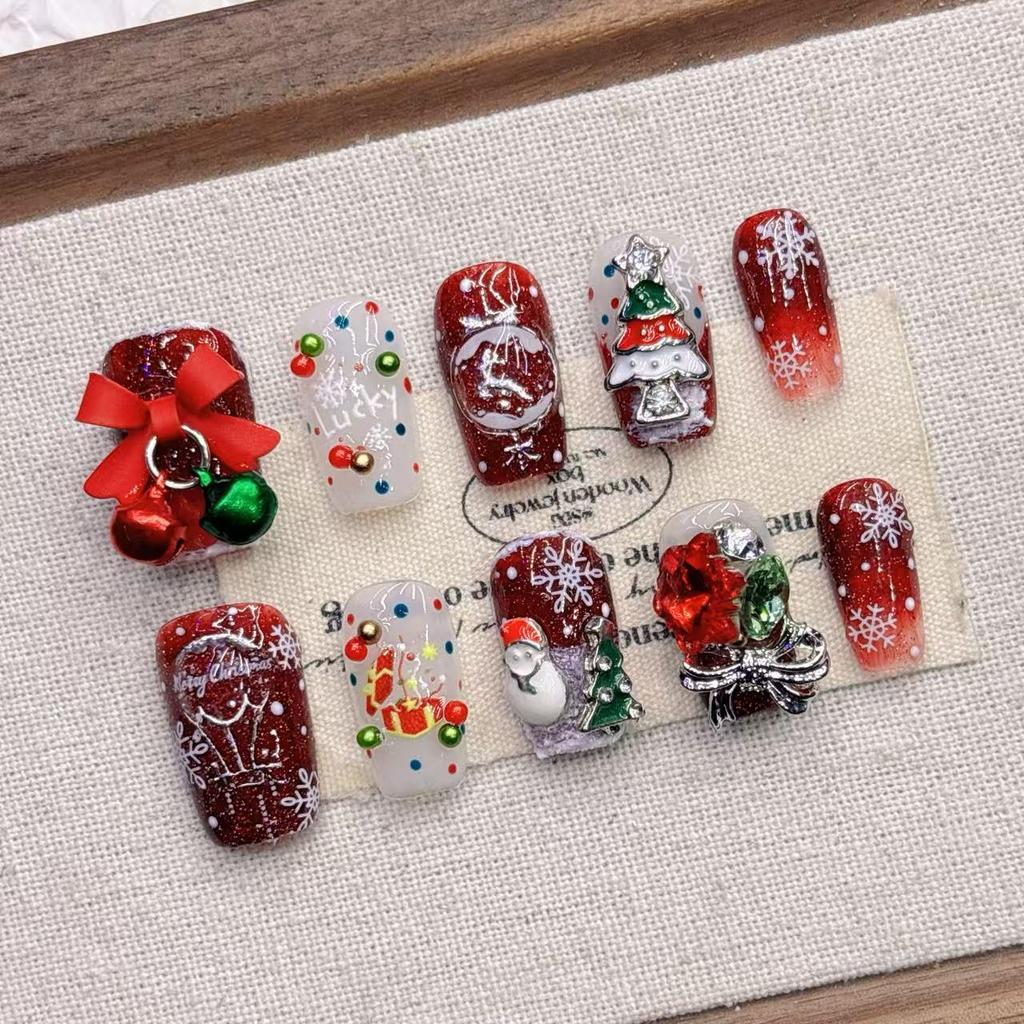 Handmade Christmas Almond False Nail Tips - High-End Whitening Short Manicure