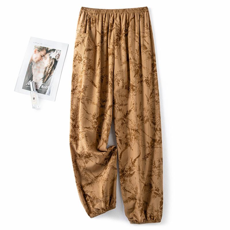 

Пижамные брюки из хлопкового шелка, женские летние тонкие антимоскитные широкие брюки, однотонные, для отдыха на открытом воздухе, для дома, с принтом, пляжные брюки Nine-minute One Size