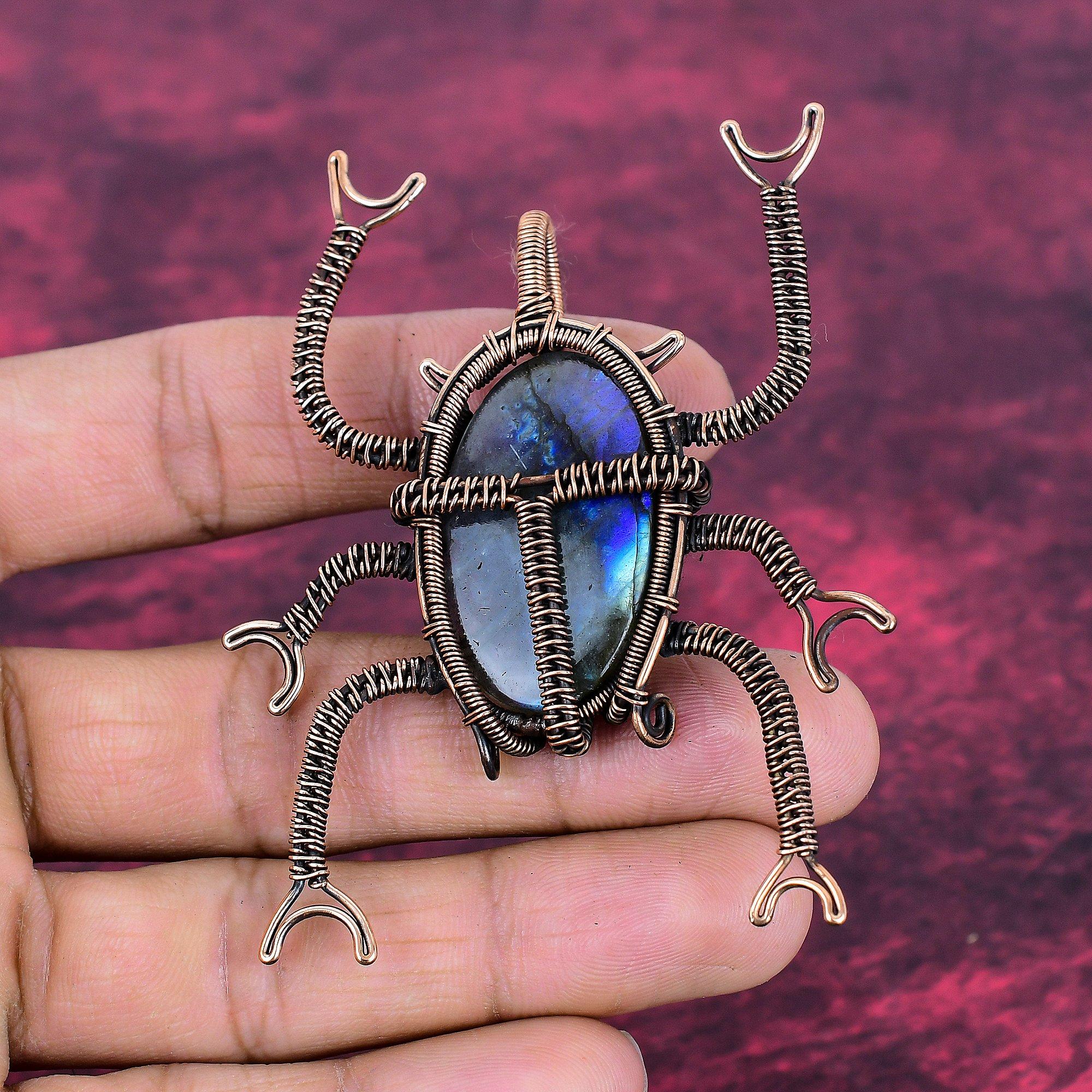 Labradorite Pendant Handmade Beetle Jewelry Copper Wire Wrapped Gemstone Pendant