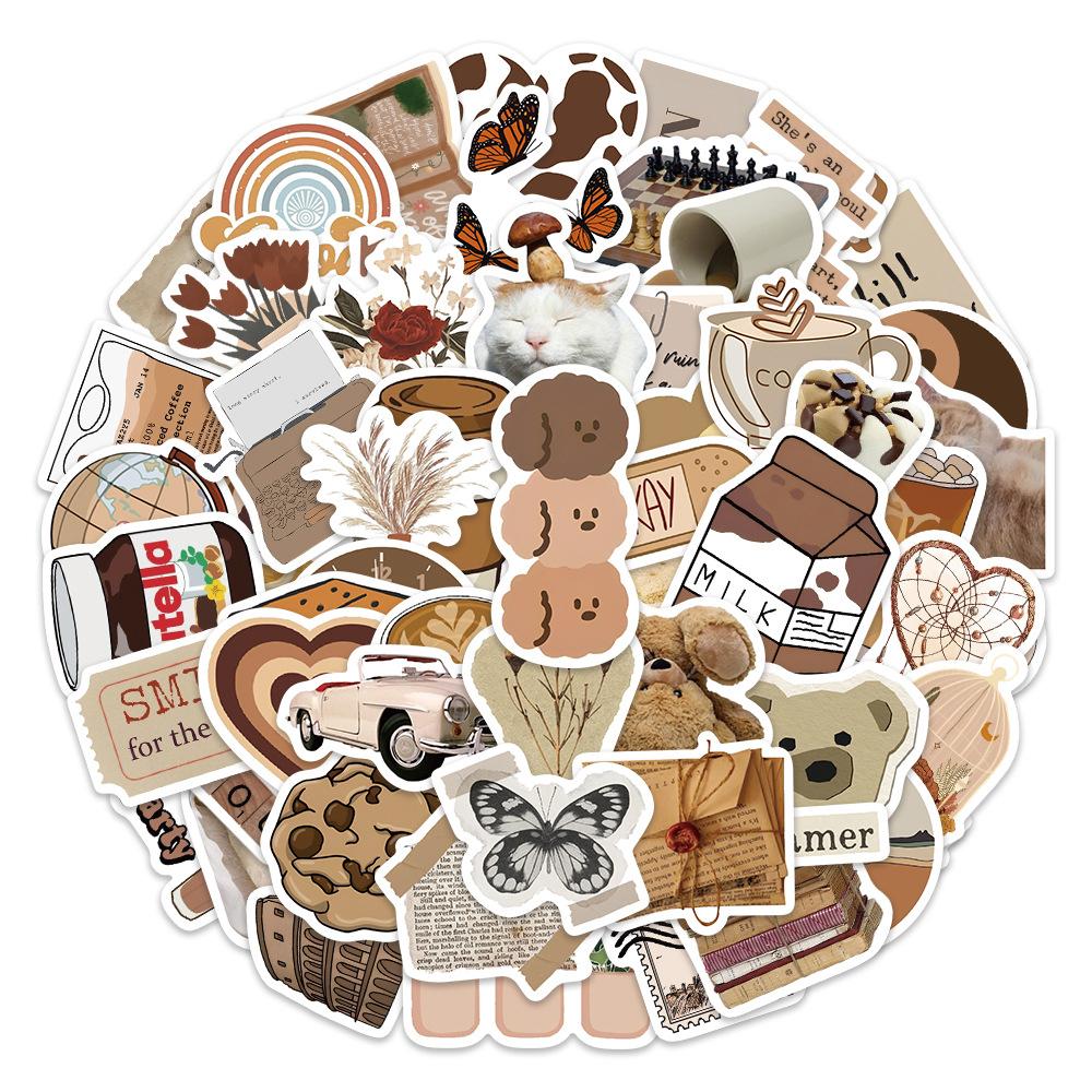 10/30/50pcs Vintage Brown Aesthetic Graffiti Sticker DIY Laptop Stationery Suitcase Guitar Cute Cartoon Decoraction Sticker Pack