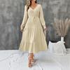 Spring Autumn V-neck Elegant Fashion Lace Up A-line Dress Women Long Sleeve Casual Fashion Robe Vestidos