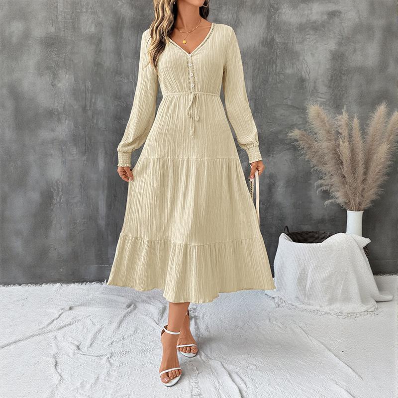 Spring Autumn V-neck Elegant Fashion Lace Up A-line Dress Women Long Sleeve Casual Fashion Robe Vestidos