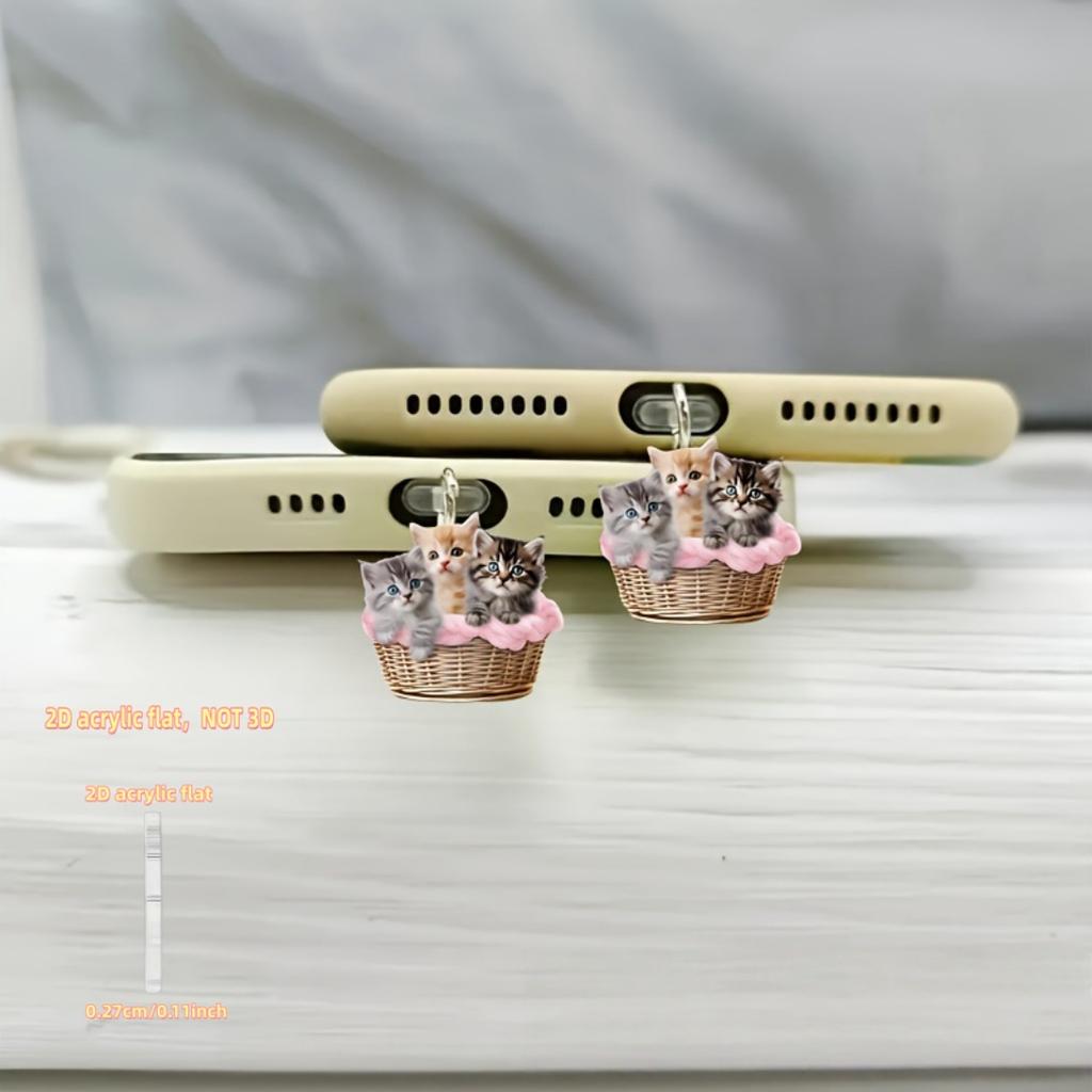 2D Acrylic Three Little Cat Phone Dust Plug, Bright Colors That Last, Dust-Proof and Durable, Holiday Atmosphere Phone Accessory
