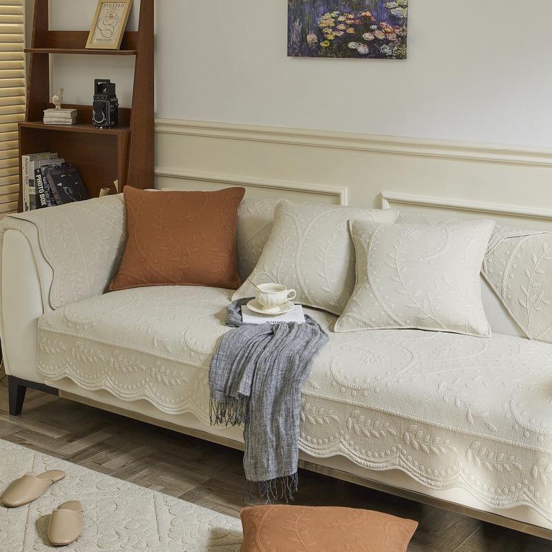 Vintage Embroidered All-Cotton Sofa Cushion with Non-Slip Lace, Four Seasons Universal Cover
