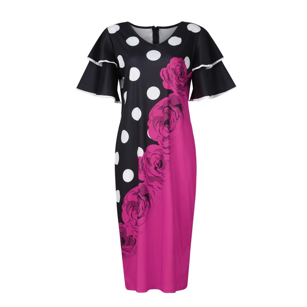 Women's Fashion Casual V-neck Flared Sleeves Large Size Printed Waist Slimming Short-sleeved Dress