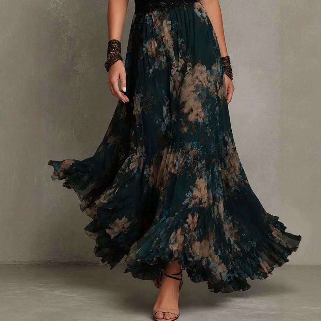 2026 European and American sleeveless digital printing V-neck elegant irregular long dress three-dimensional flower dress