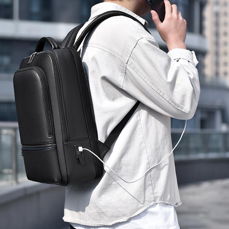 Large Capaci Men's Leather Backpack Double Oulder Waterproof Commuter Travel Backpack Soft Handle Zipper Laptop Bag