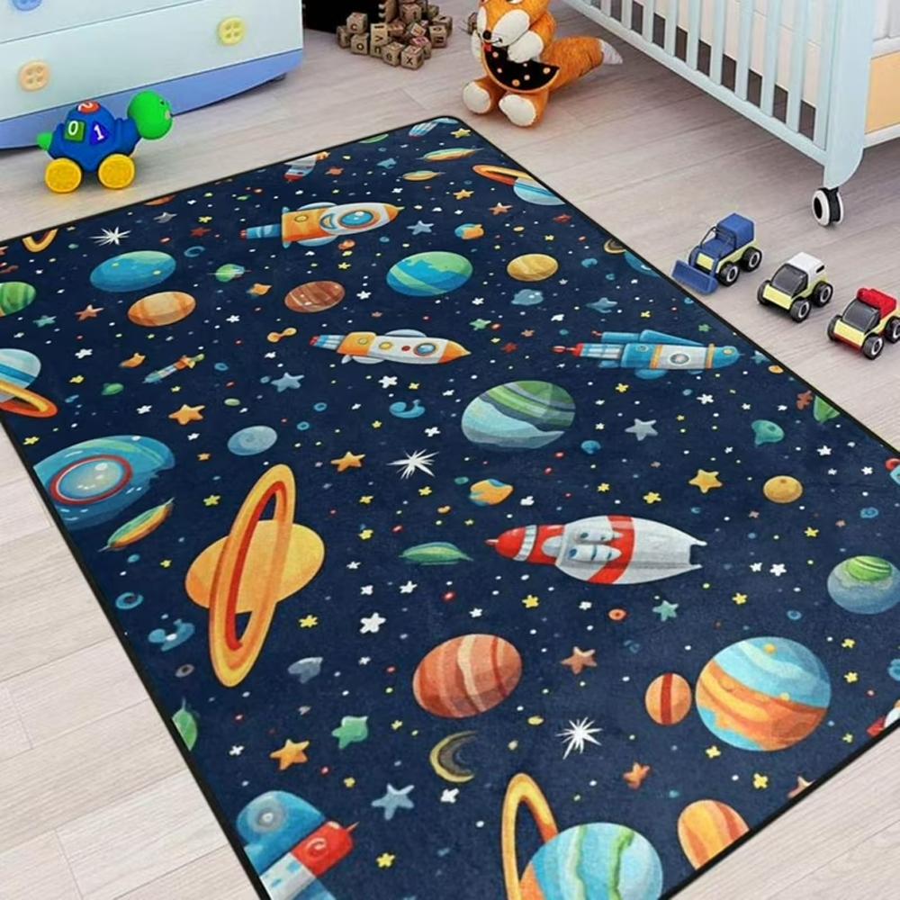 Cute Space Rocket and Planet Printed Floor Mat, Soft Rug for Kids Bedroom Living Room, Whimsical Home Decor Carpet