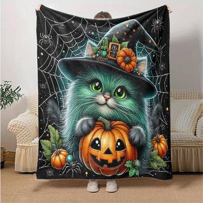 1 Stück Spinnen-Zauberer-Katzen-Kürbis-Design Decke Saisonale Heimdekoration Geschenk, Weich Geeignet für Alle Jahreszeiten, Wohnzimmer, Reisen, Camping