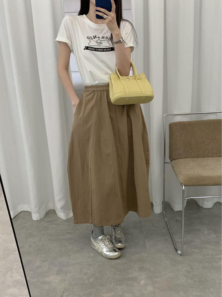 Pepper Patch Women's Elastic Waist Cotton Midi Skirt - Korean Style A-line for Spring/Summer