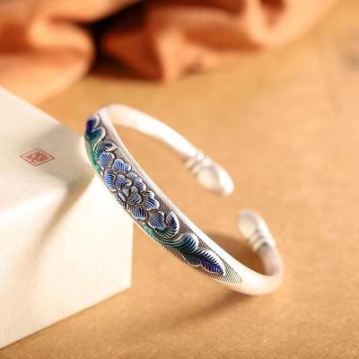 JMXD-  Women's Vintage National Style Solid Lotus Open Bangle with Burnished Blue