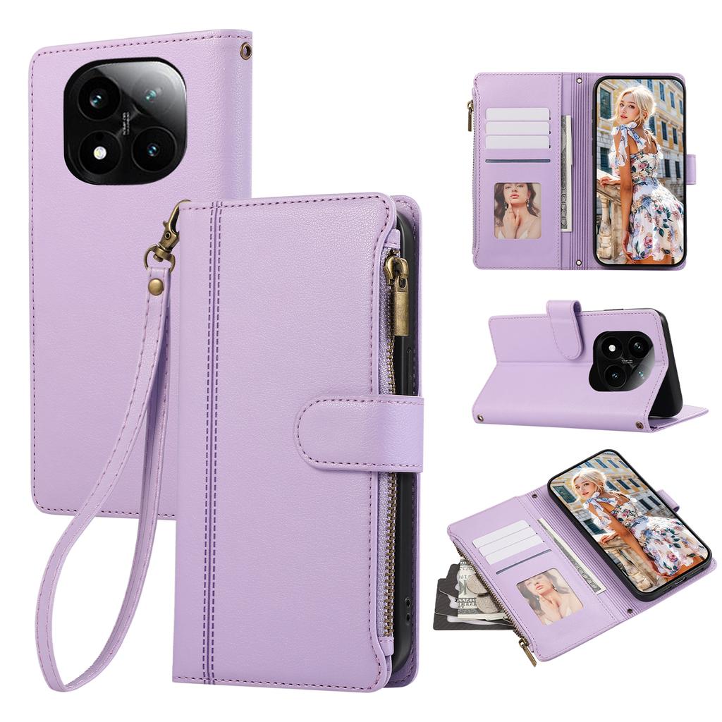 For Xiaomi Redmi Note 14 Pro 4G Case Multi Card Slots Zipper Leather Phone Cover with Wrist Strap