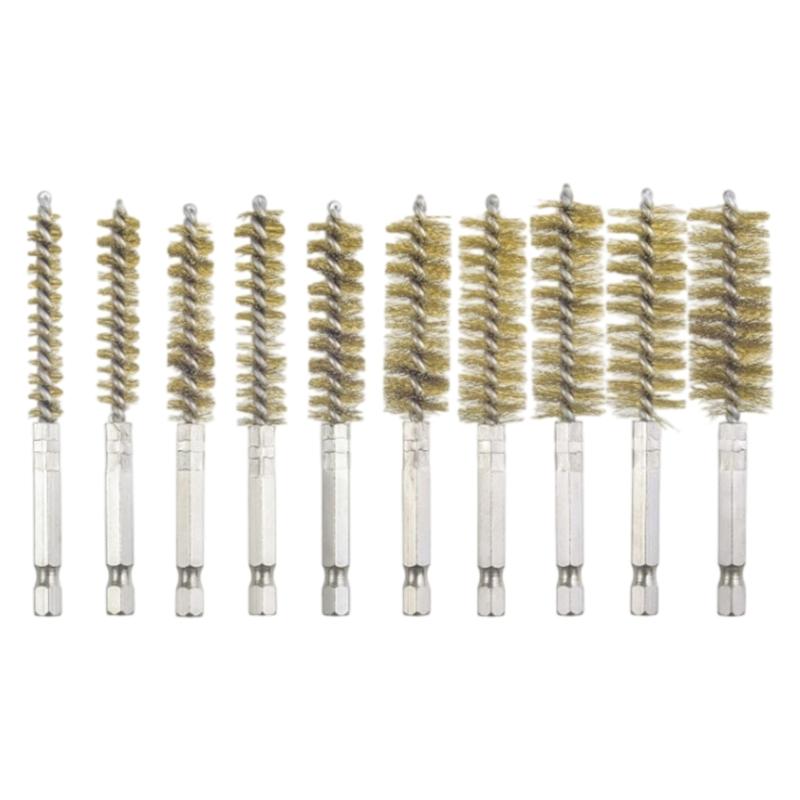 10 Piece Stainless Steel Wire Brush Set Hexagonal Shank For Metal Deburring Cleaning Polishing 8-19mm Size