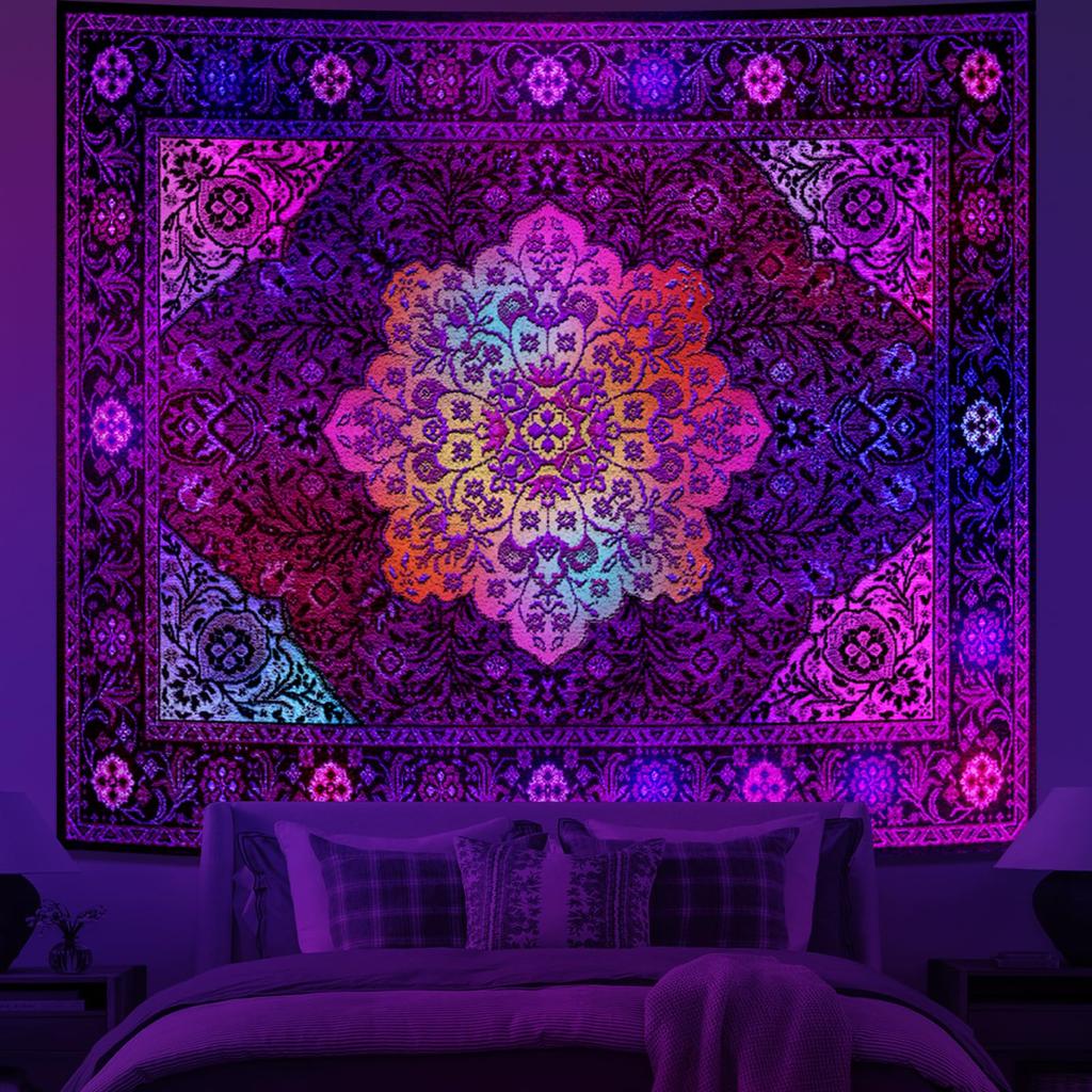 Pink Boho Mandala Floral Tapestry Wall Hanging for Bedroom, Bohemian Flower Aesthetic Cute Room Decor for Girls, Indian Style
