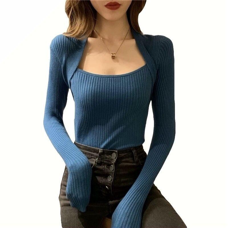 Women's core-spun yarn new square-neck bottoming sweater slim-fitting long-sleeved knitted sweater women's inner top