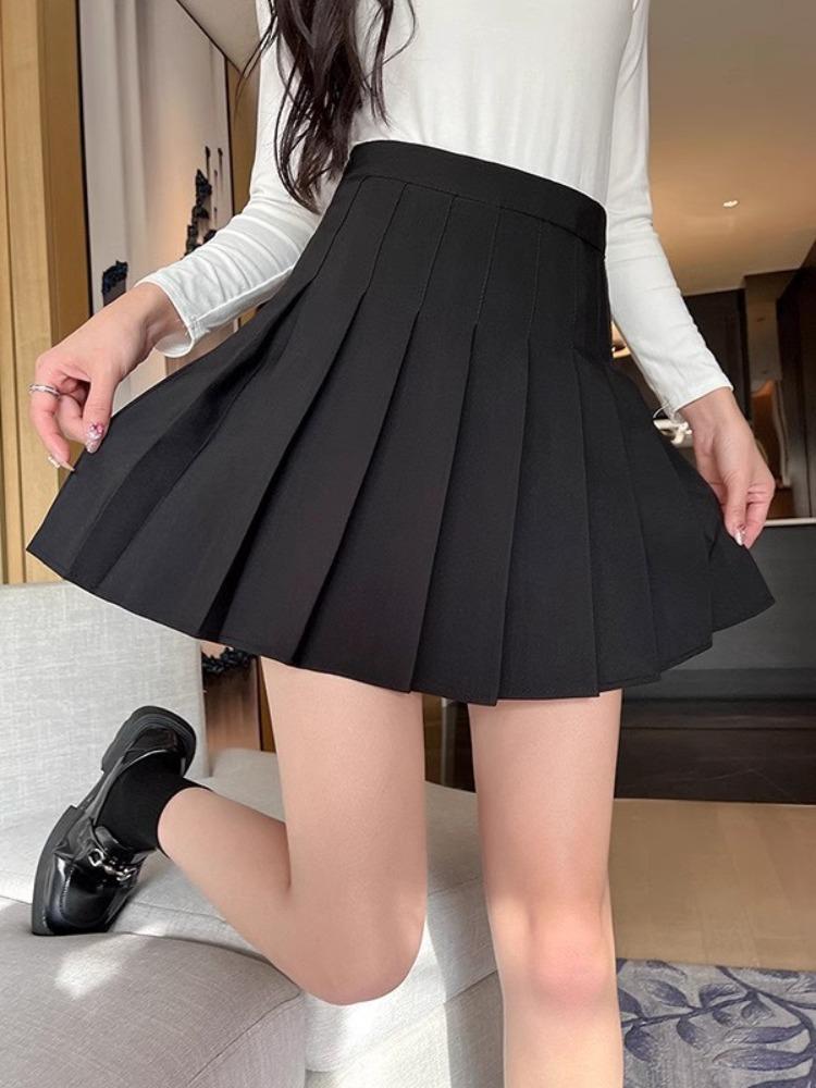Women's Dark Grey Pleated Skirt High-Waisted Slimming Spring Autumn Short Skirt Petite Casual All-match Versatile A-Line Skirt