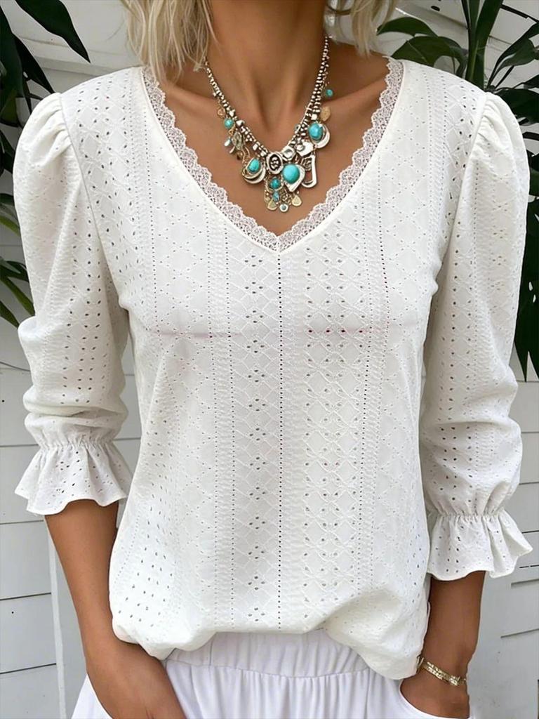 2026 Spring Women's V-neck Hollow Casual Mid-sleeve Top Shirt