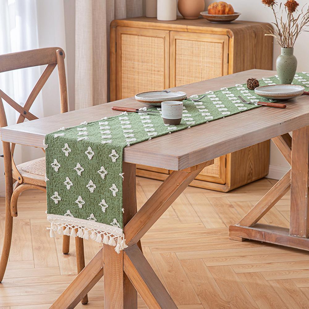 1pc Boho Table Runner for Home Decor Macrame Cream Yellow Farmhouse Table Runner with Tassels for Bohemian Dining Bedroom Decor