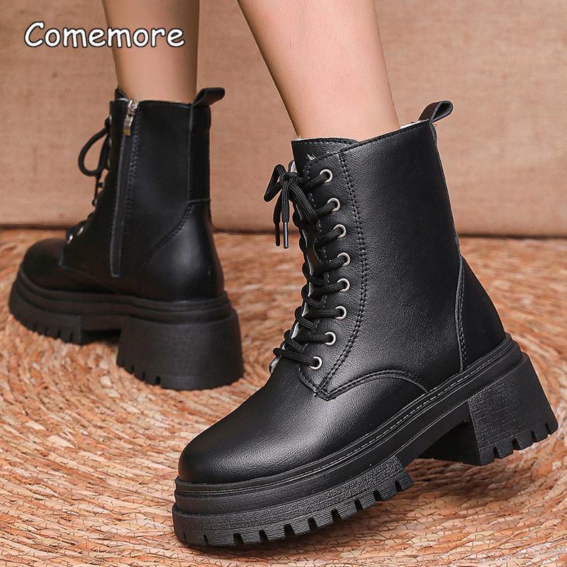 Fashion Women's Winter Warm Short Plush Ankle Boots Comfy Pu Leather High Heels Botas Mujer Fashion Lace Up Zip Platform Modern Boots