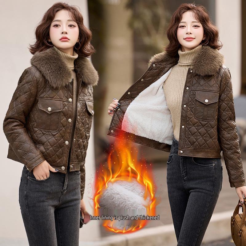 

Женская зимняя кожаная куртка: Флисовая подкладка, большой меховой воротник, модное ПУ пальто ZH1155 M 90-115 jin коричневый