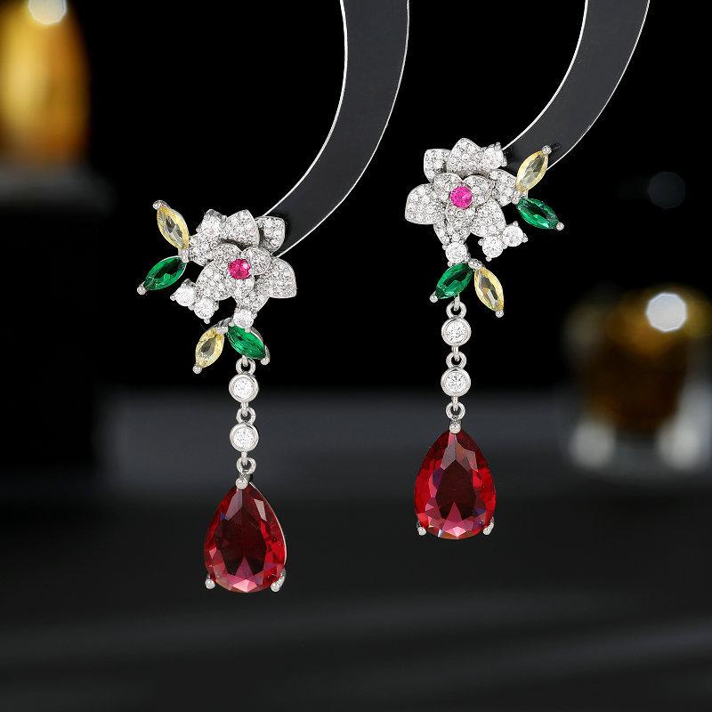 Camellia Flower With Leaves Long Tassel Water Drop Earrings Light Luxury Set With Zircon For Daily Wear Accessories