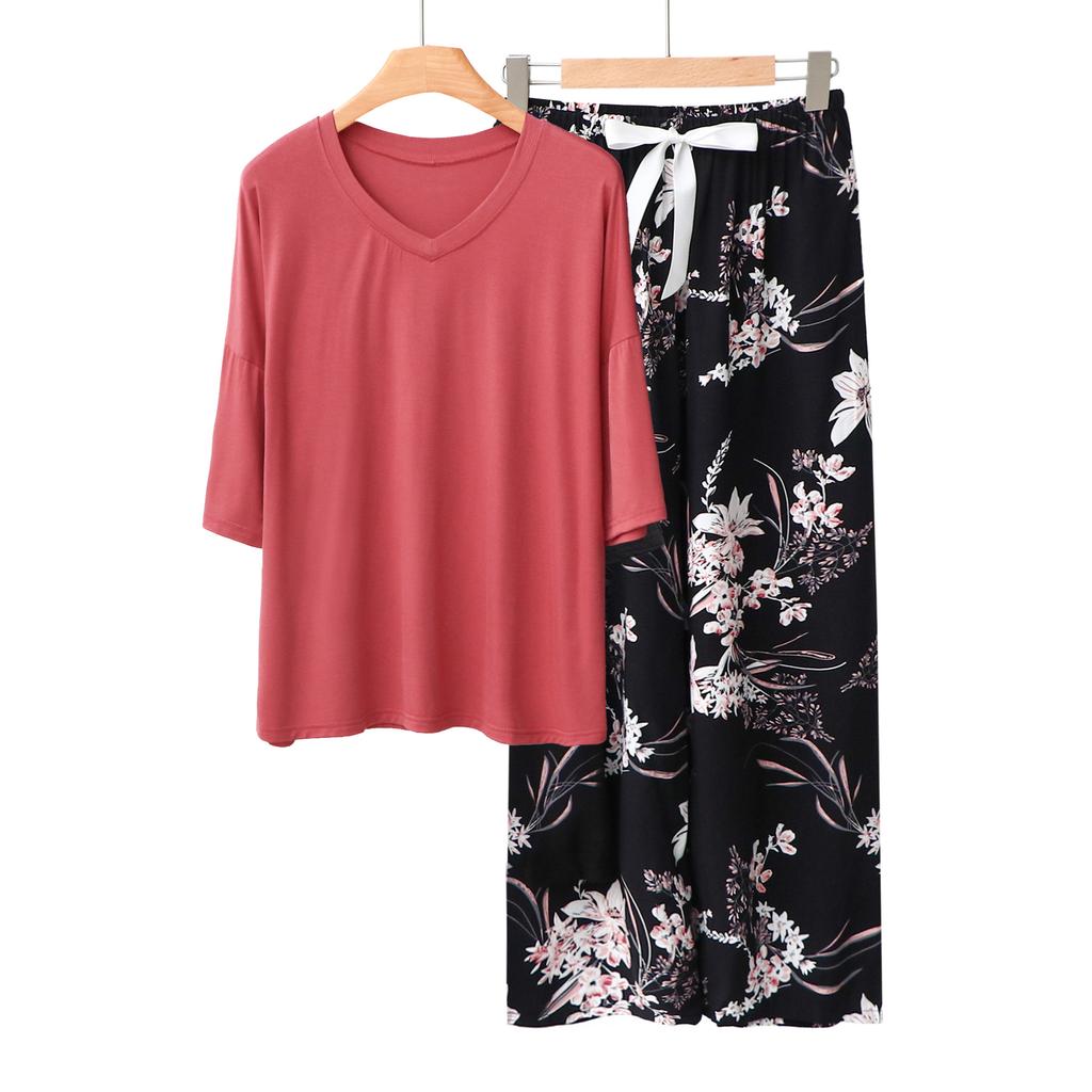 Sommer Damen Pyjama Sets Modal Kurzarm T-Shirts und Weitbein Hosen Heiß Lässig Homewear 2-teiliges Anzug Damen Nachtwäsche