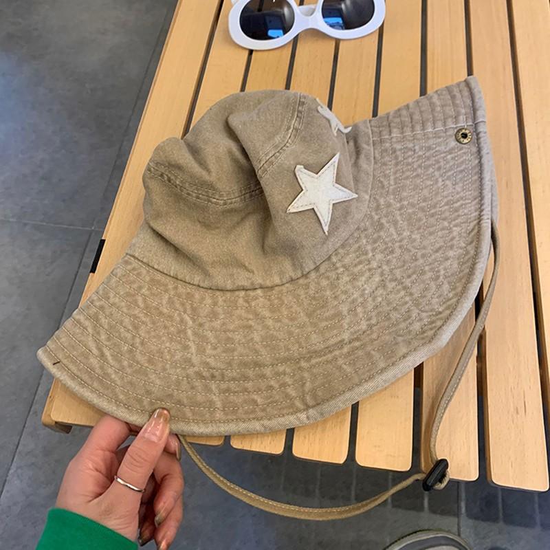 Punk Star Wide Brim Cowboy Hat For Women Girl Soft Cotton Fordable Sunshade Fisherman Cap Outdoor Fishing Climbing Denim Hats