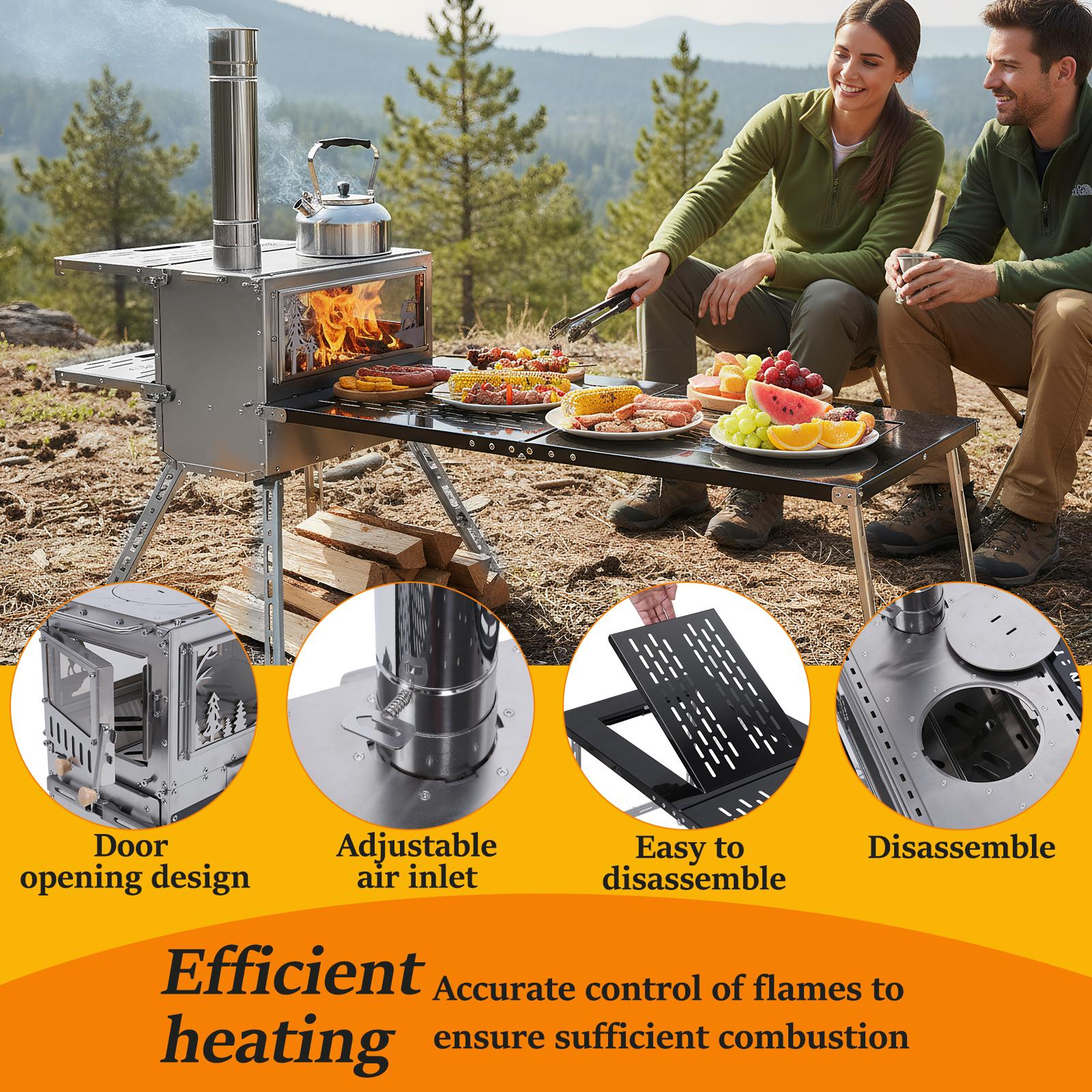 Hot Tent Stove with Oven & Camping Table with Chimney Pipe Small Camping Wood Stove Stainless Steel for Heating Cooking Hunting United States