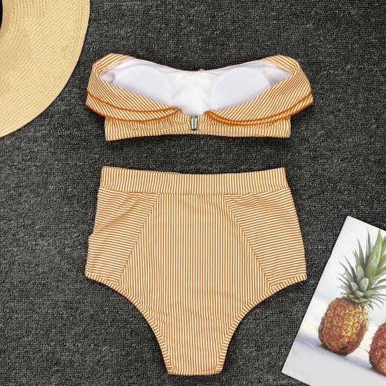 2Pcs/Set Women Bikini Set Ruffle Trim Bandeau Padded Push-Up Bra High Waisted Briefs Set Striped Print Beachwear