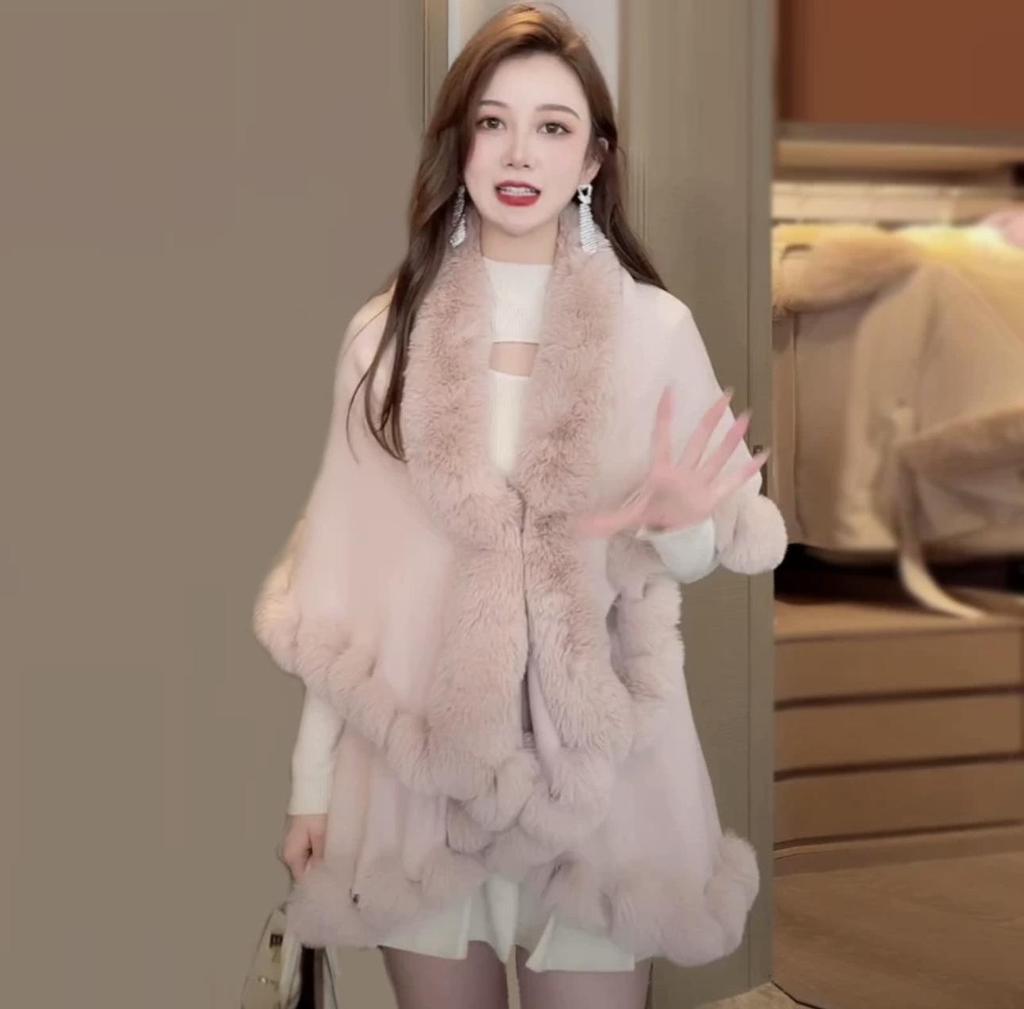 Plus Size Women's Knitted Cardigan with Imitation Rex Rabbit Fur Collar - Autumn/Winter Cape Shawl