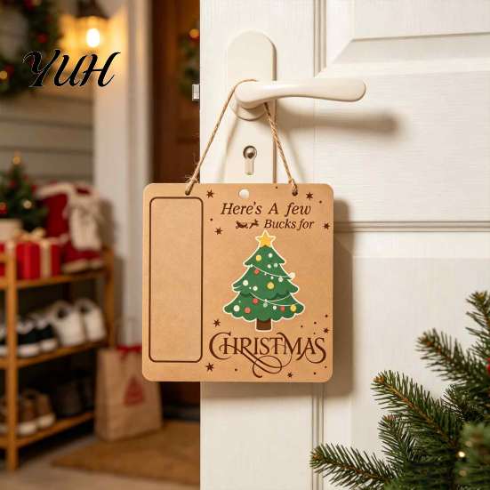 Christmas Tree Money Hanging Decor Wooden Holder, Vintage Cash Gift Holder Ornaments Decorative Envelope for with Santa/Snowman/Tree Pattern