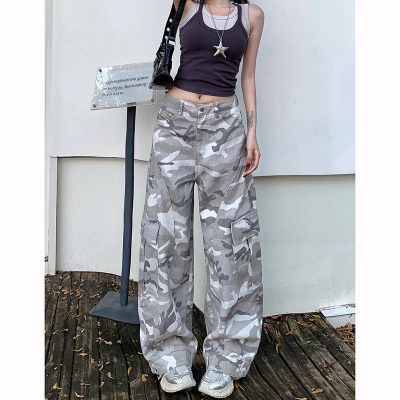 Women Camo Cargo Jeans High Waist Wide Leg Floor Length Denim Pants Street Hip Hop Patchwork Non Stretch Camouflage Trousers Spring Fashion