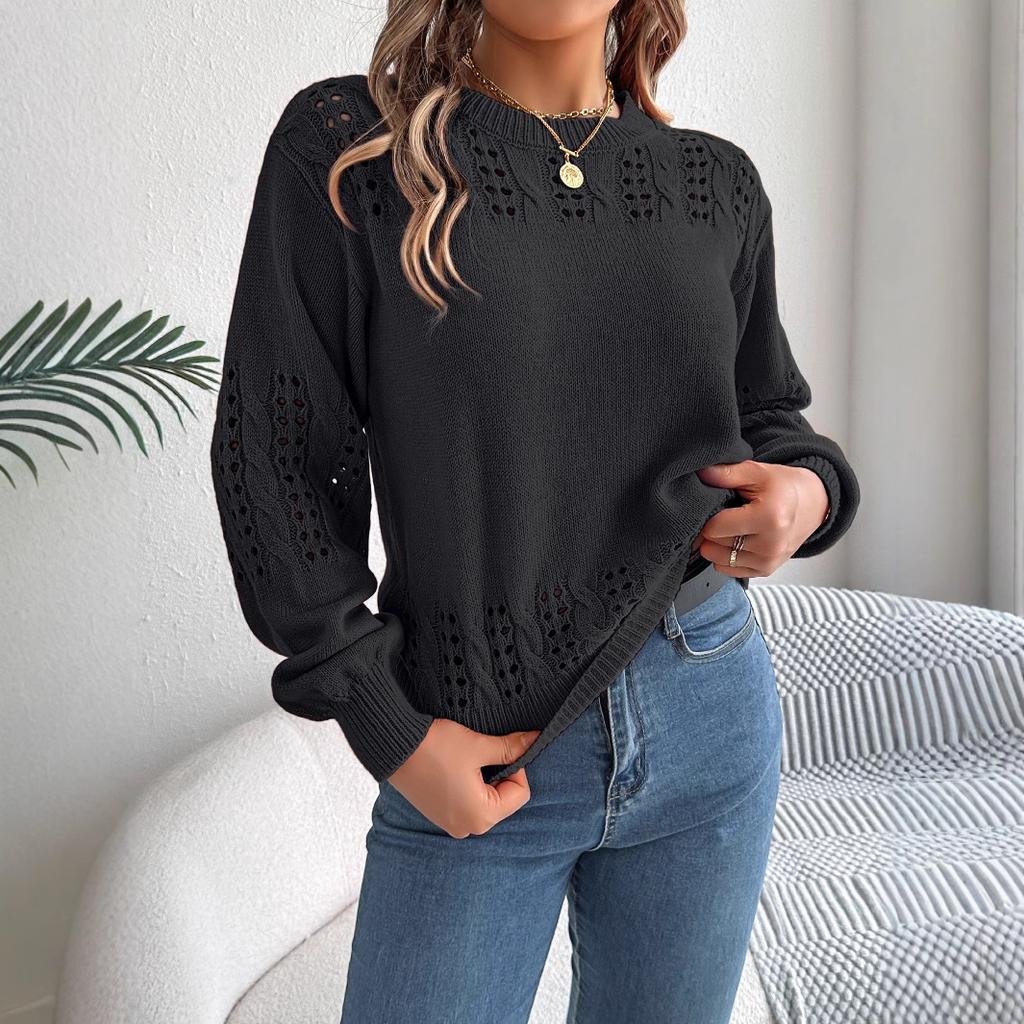 GMXIA Autumn and Winter Casual Solid Color Hollowed-out Lantern Sleeve Pullover Sweater Women's Wear