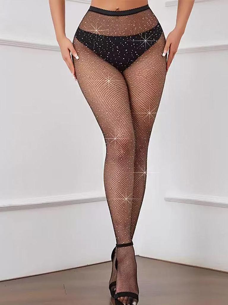 1 Piece Women's Black Shiny Fine Mesh Pantyhose Sequin Rhinestone Design Ultra-Thin Slim-Fit Fashion Sexy Style Fishnet Stocking