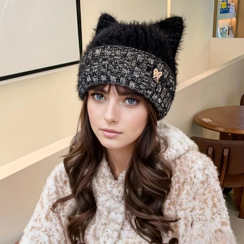 Women Autumn and Winter Knitted Hat Winter Warm Cute Ears Beanie Thick Hat Fashion Ear Protection Hat Unisex Casual Knitted Soft Warm Bucket Hats чёрный