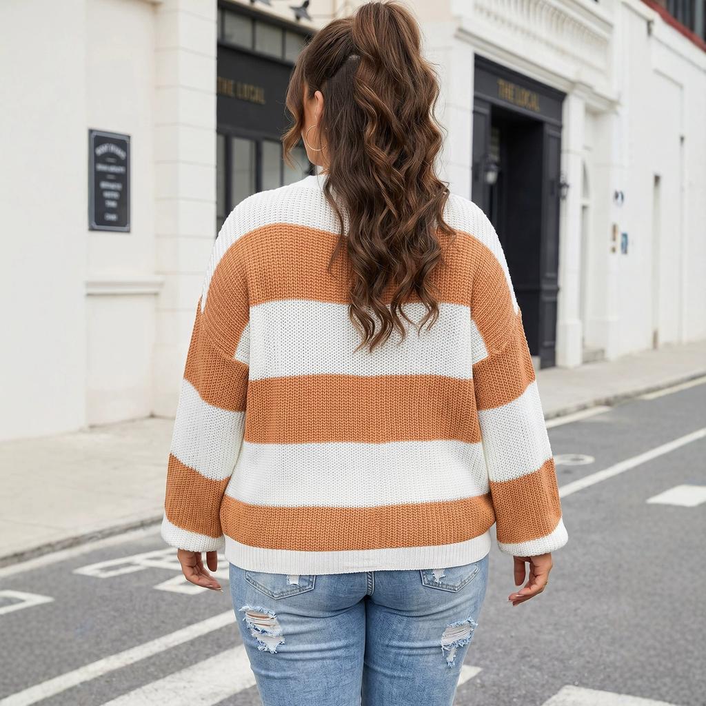 Women'S Top Plus Size Women'S Clothing Style Winter Warm Contrasting Striped Intercolor Pullover Sweater