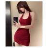 Pure desire wind solid color off-the-shoulder backless neck dress women's summer tight lace-up pleated waist hip-wrapped miniskirt
