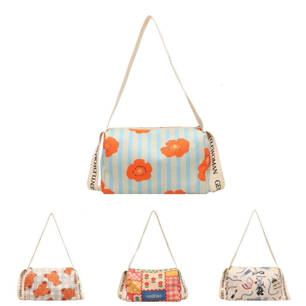 Cute Painted Floral Canvas Bag 2023 New Casual Shoulder Bag Cross-border Fashion Bear Grid Blue Red