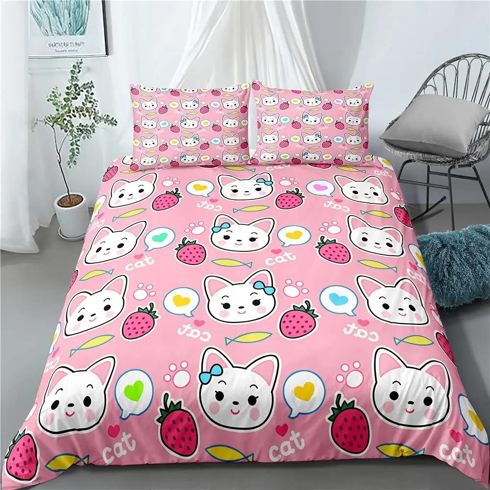 Unicorn Cat King Queen Duvet Cover Pink Kawaii Cartoon Kitty Bedding Set Magical Animal 2-3pcs Soft Quilt Cover for Kids Girls