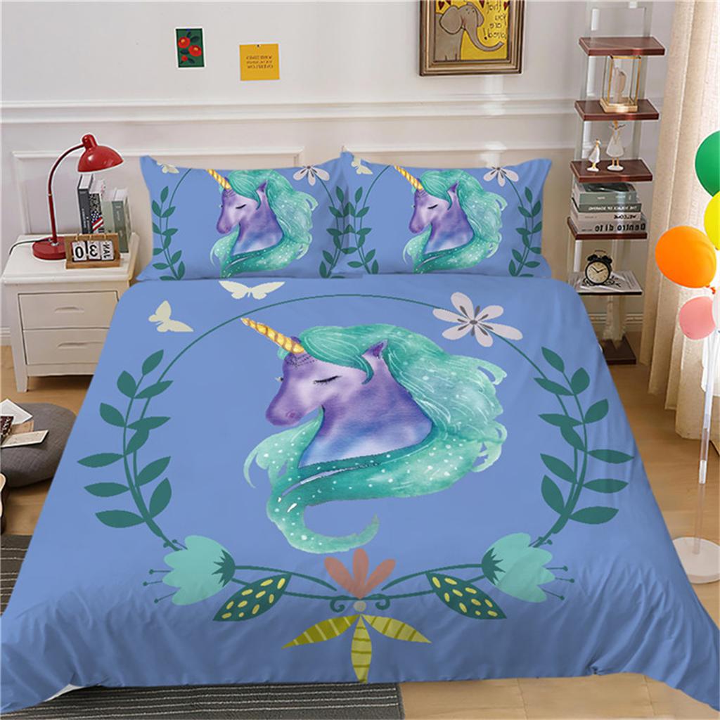 3D Unicorn Digital Printing Quilt Cover, Cartoon Horse Gir Microfibre Bedding Set With Pillowcases 50*75Cm For Kids Boys Girls