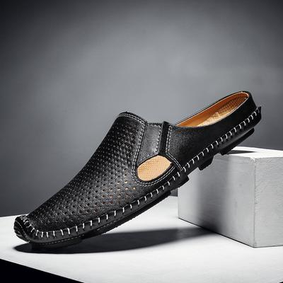 Fashion Men Half Shoes Casual Split Leather Loafers Brand Handmande Slipon Men Driving Shoes Hollow Breathable Summer Slippers Male Flat