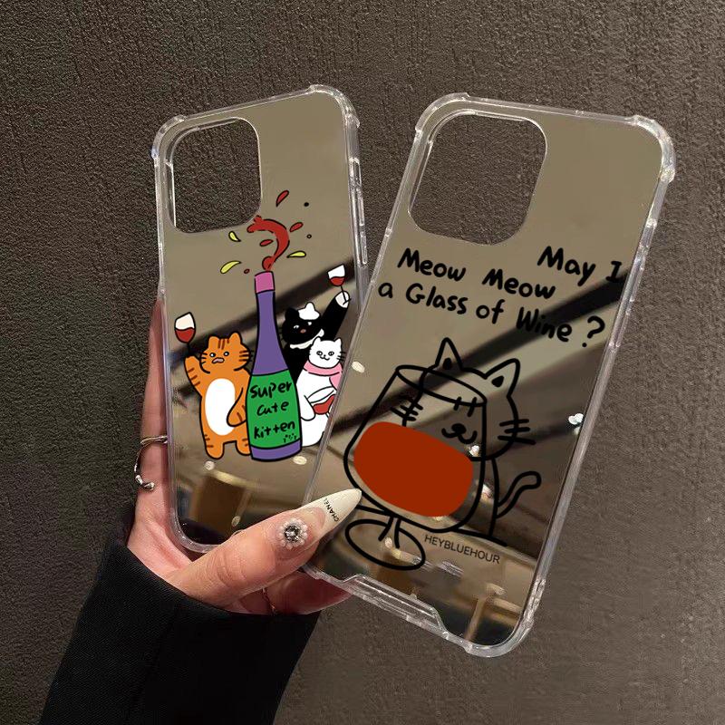 Red Wine Cat Pattern Mirror Acrylic Phone Case For Samsung Galaxy S25 S24 S23 S22 Ultra Plus FE A06 A14 A23 A36 A55 A56 Cover