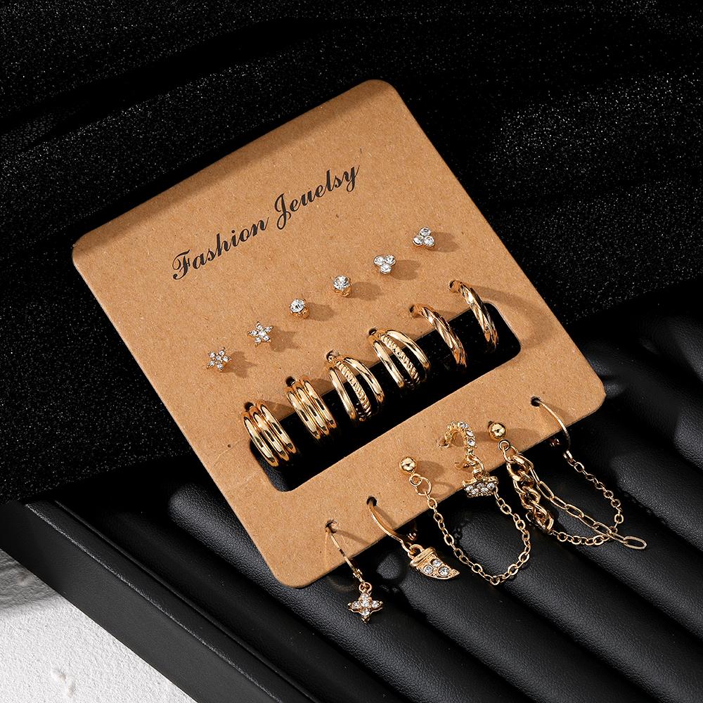 18-teiliges Set Studentenzubehör Geschenk Diamant Deluxe Ohrring Set Dreilagige Ohrringe Mädchen Party Quaste Hohl Schmetterling Süßes Ohrring Set