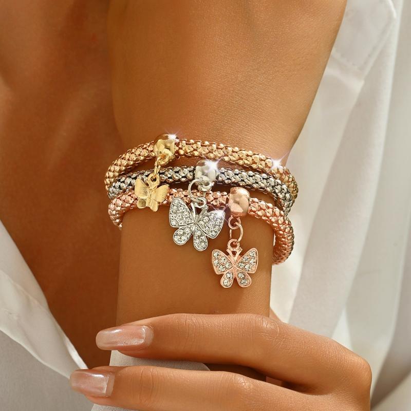 3Pcs Of Life Elastic Bracelet Set For Women Crystal Owl Key Lock Music Note Butterfly Heart Charm Bangle Jewelry