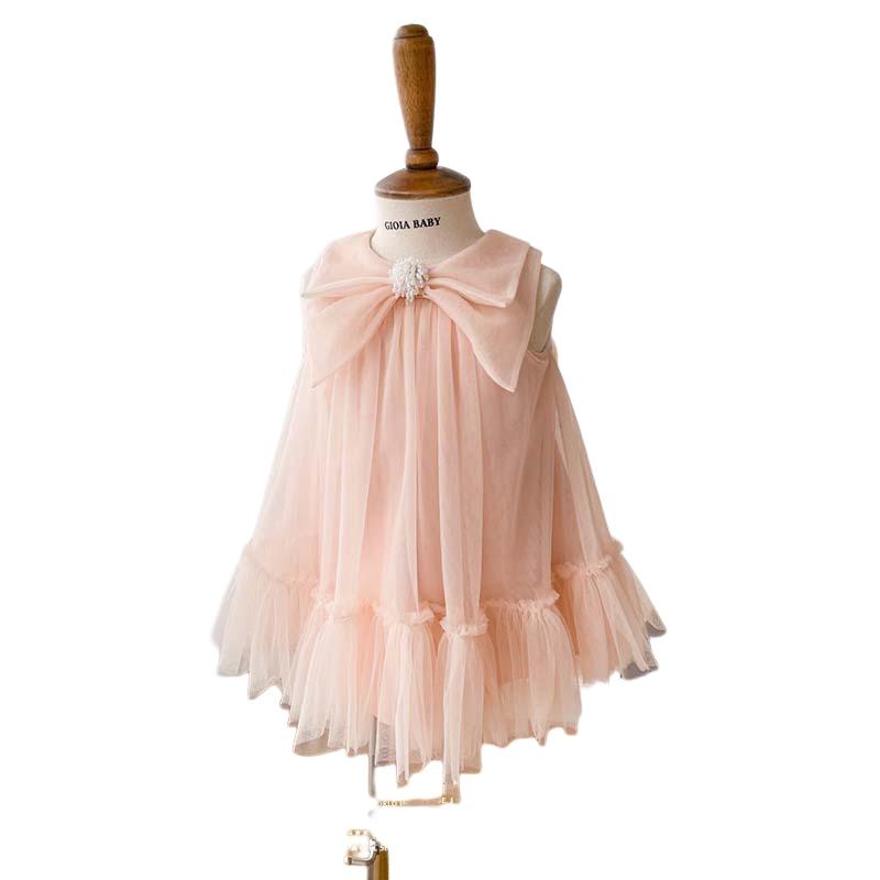 Kız Doğum Günü Partisi Prenses Yay Tül Pembe Elbise Kolsuz Bebek Yürümeye Başlayan Gazlı Bez Vesti Abiye Çocuk Giysileri 1-14Y