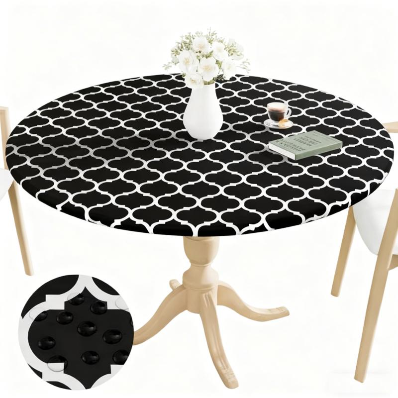 Homaxy New Round Tablecloth 1 PCS PEVA Material Wipeable Flannel Backed Vinyl Tablecloths Waterproof Elastic Fitted Table Covers