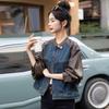 Retro denim spliced leather jacket women's spring new models are popular this year, small short jackets